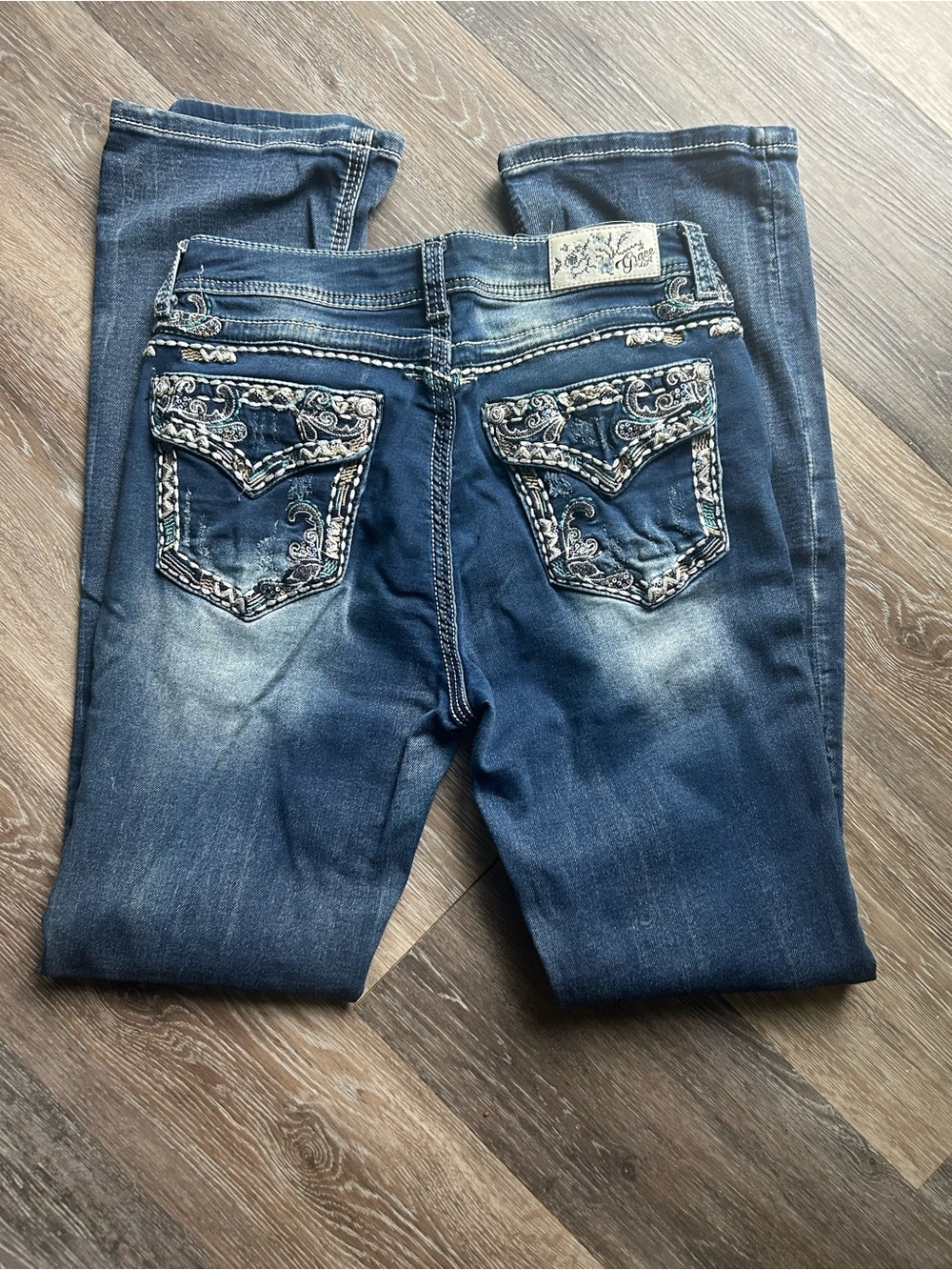 Grace in LA Dark Blue Embroidered Bootcut Jeans Inseam. 32”